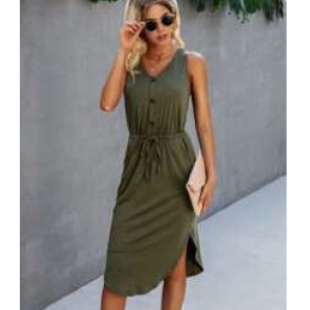 Olive Green Sleeveless Midi Dress